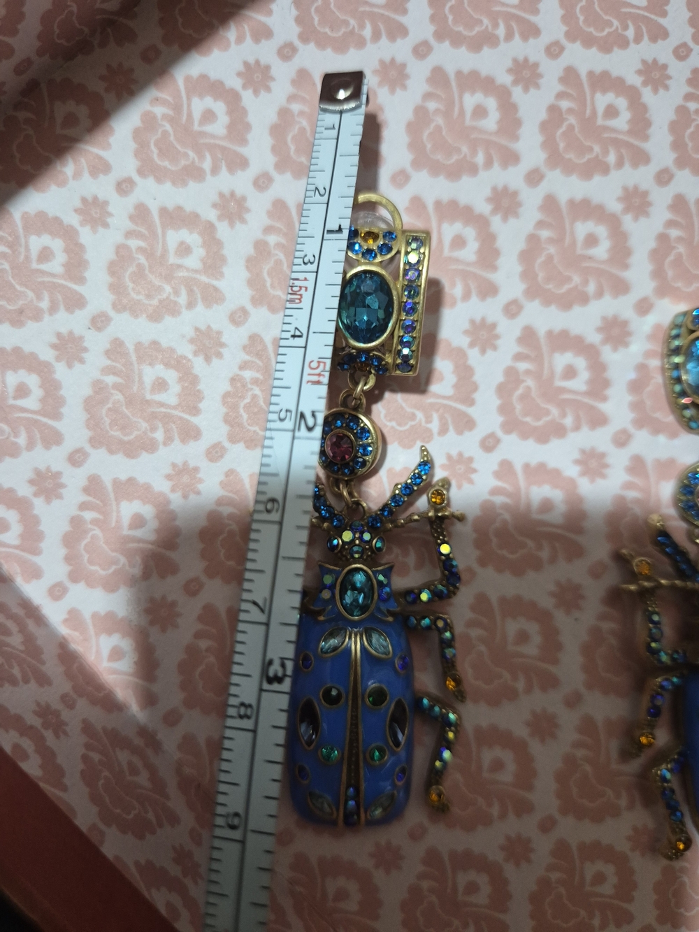 Blue Enamel Beetle Drop Earrings with Multicolor Crystal Accents - Picture 4 of 4